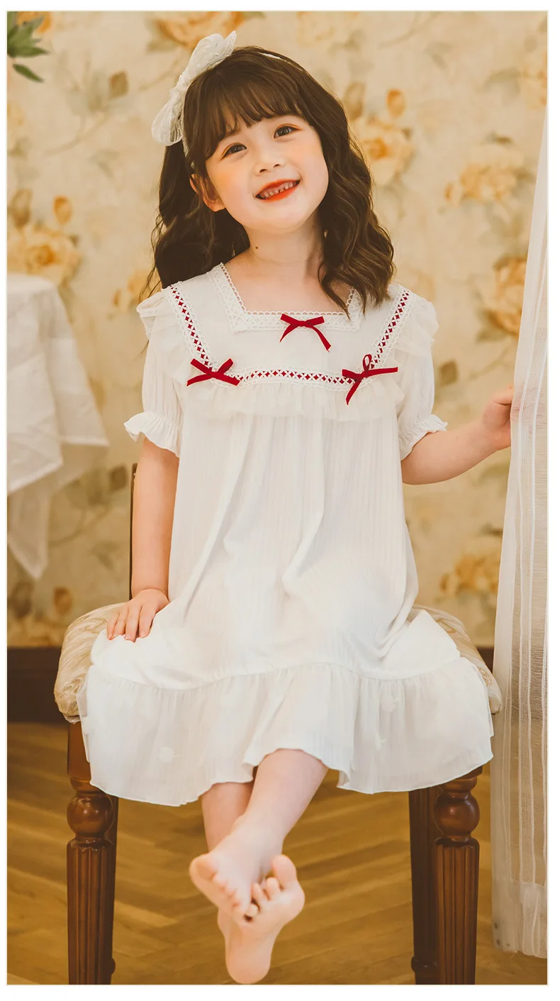 Girl Summer New Modal Nightgown Kids Short Sleeve Ruffles Patchwork Homeclothes Bow Cotton Nightdress Children Pajamas Wz749 top Sleepwear & Robes