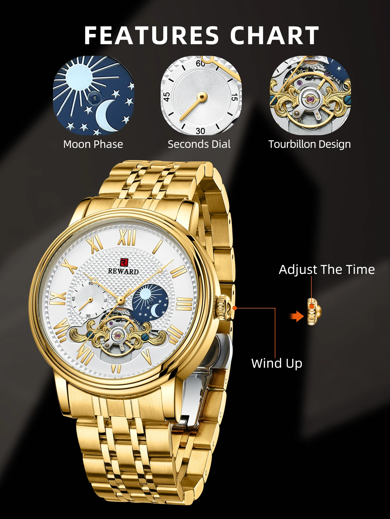 Classic Mens Mechanical Wristwatch Automatic Winding Stainless Wrist Watch Man Tourbillon Waterproof Spor Watches_voghion.com