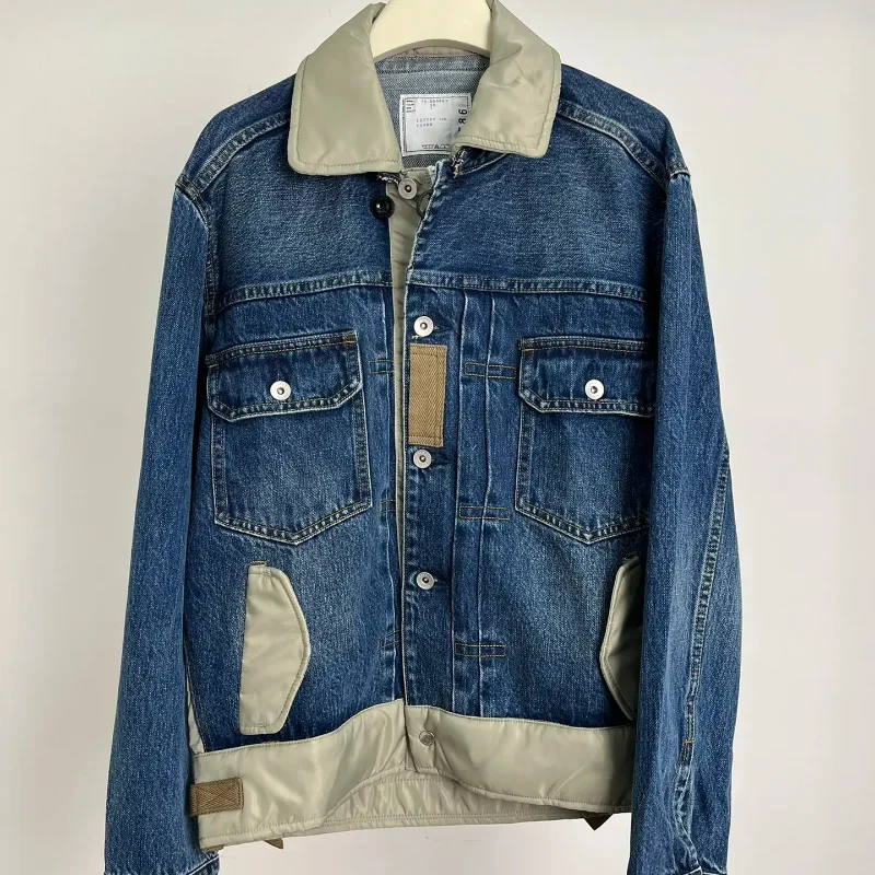 

2023ss SACAI Vintage Washed Patchwork Denim Jacket Windbreaker Streetwear Coat Men and Women Clothing Techwear Traf High Street