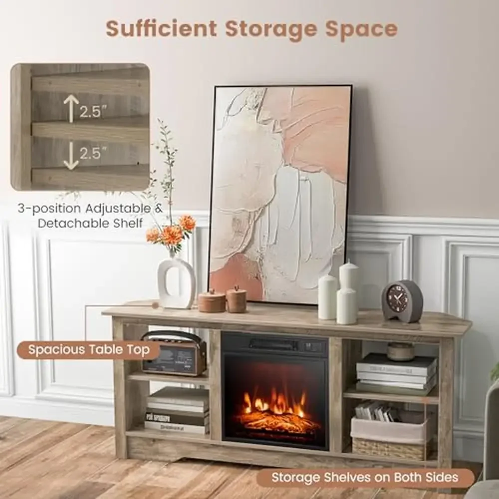 Fireplace TV Stand Entertainment Center 58" with 18" Electric Heater 1400W Remote Adjustable Brightness Storage Space Organized