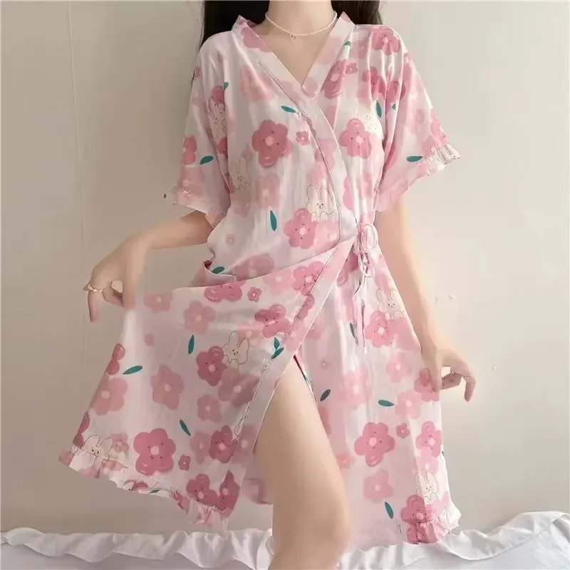 Kimono Women's Pajamas Short Sleeve Robe Women Bathrobe Cute Dress Sleepwear Pijama Summer Clothes Homewear Satin Sleeping Sexy