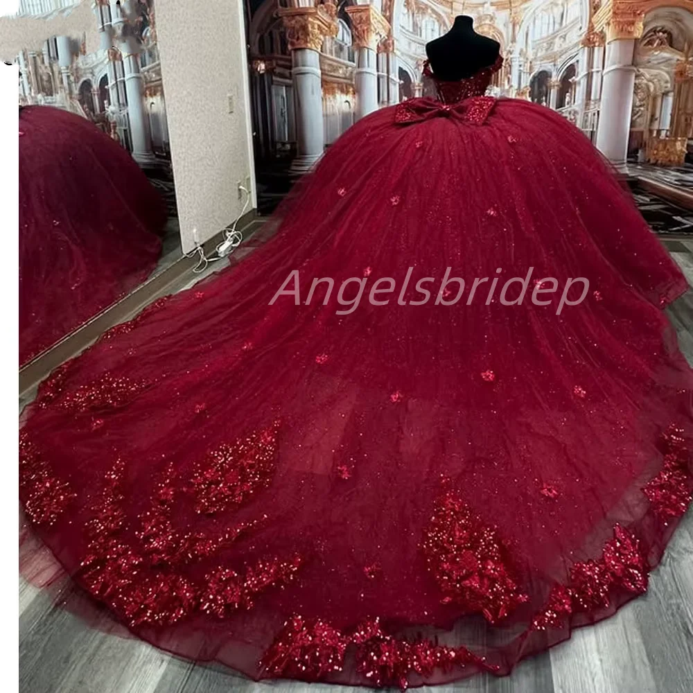 ANGELSBRIDEP Luxury Burgundy Ball Gown Quinceanera Dresses 3D Flower Beading Vestidos De 15 Anos Formal Party