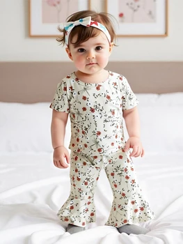 Girls Summer Outfits Adorable Floral Print Short-Sleeve Top and Elastic Flare Pants Set for a Stylish Look Perfect 2-Piece 3