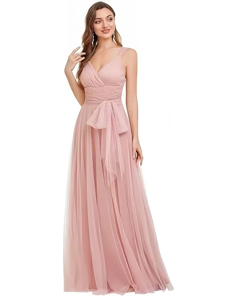 Elegant V Neck Sash Empire Waist Prom Dresses A-Line Maxi Tulle Wrap Dress  Spaghetti Straps Bridesmaid Dress with Lace Up Back - AliExpress 320