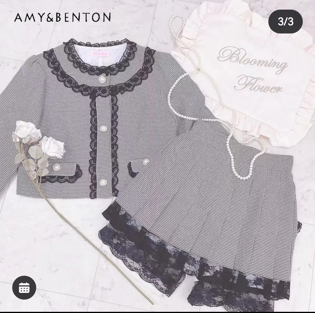 

Women's Two Piece Set Japanese Style Elegant Suit for Lady Single Mine Series Mass Production Houndstooth Top and Skirt Set
