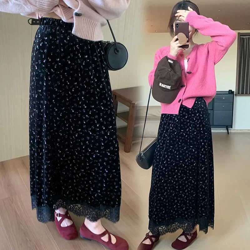 Maternity Velvet Mini Skirt Floral Print No Belly Support Autumn Winter Half-length Slimming Umbrella Style Versatile Korean Ver