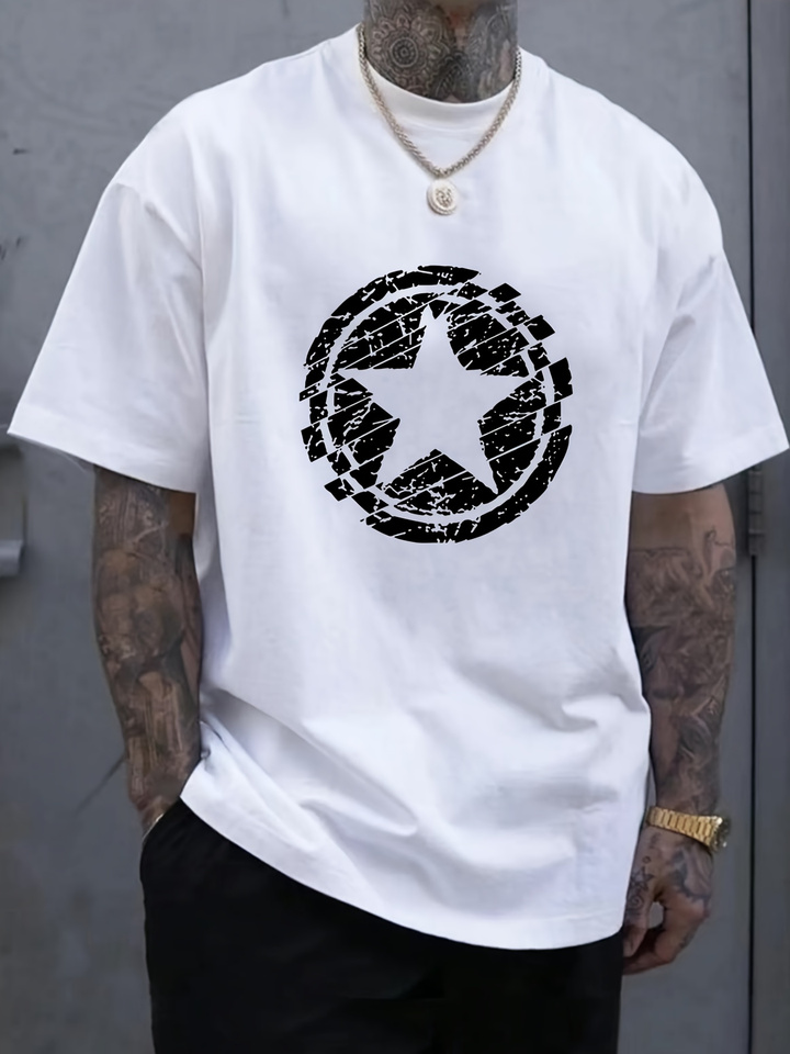 Men's Summer 100 Cotton Fashionable Casual Loose Large Black Star Pattern Printed Round Neck Short Sleeve T-shirt Top