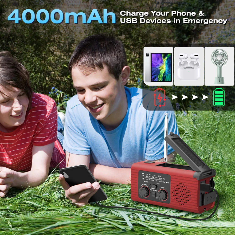 Rechargeable Electric Light Radio Hand Crank Solar USB FM/ AM/ NOAA WB Weather Radios Emergency Flashlight Power Bank