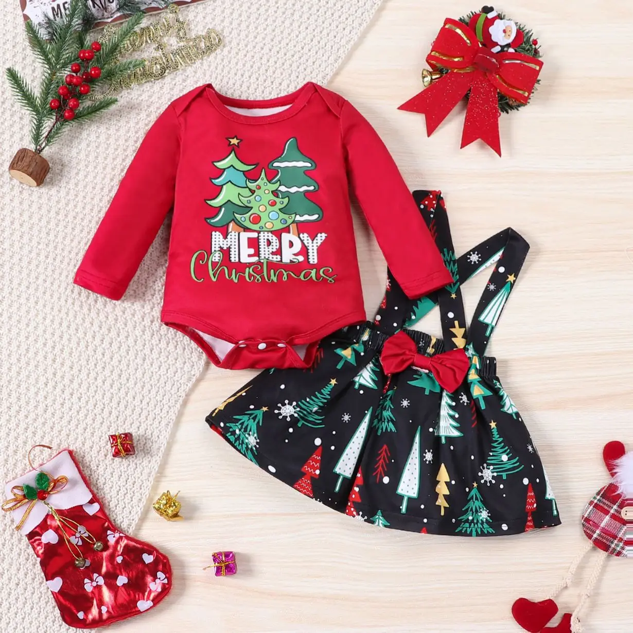 

Baby Girl Clothes Christmas Outfits Sets Red Bodysuit+Bow Red Dress New Year Costume for Newborn Halloween Clothes Boy Clothes