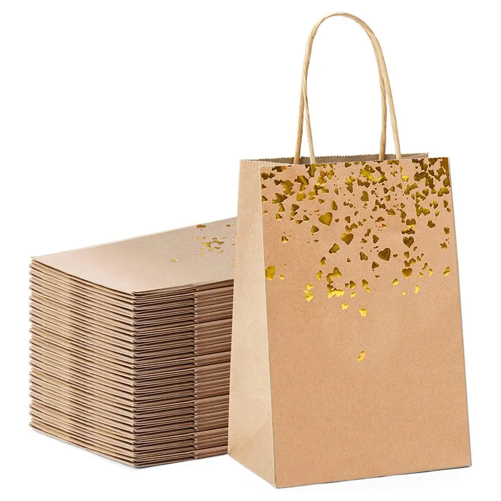 

10pcs Gift Bag Kraft Paper Bag With Handle Recyclable Yellow Leather Love Handbag Birthday Wedding Christmas Celebration