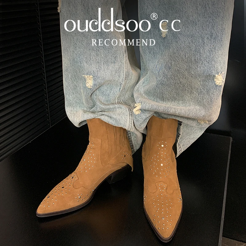 

ODS Newest Wool Suede Leather Ankle Boots For Women Warm Fur Winter Snow Sexy Pointed Toe Chelsea Shoes Woman Boots Ringstone
