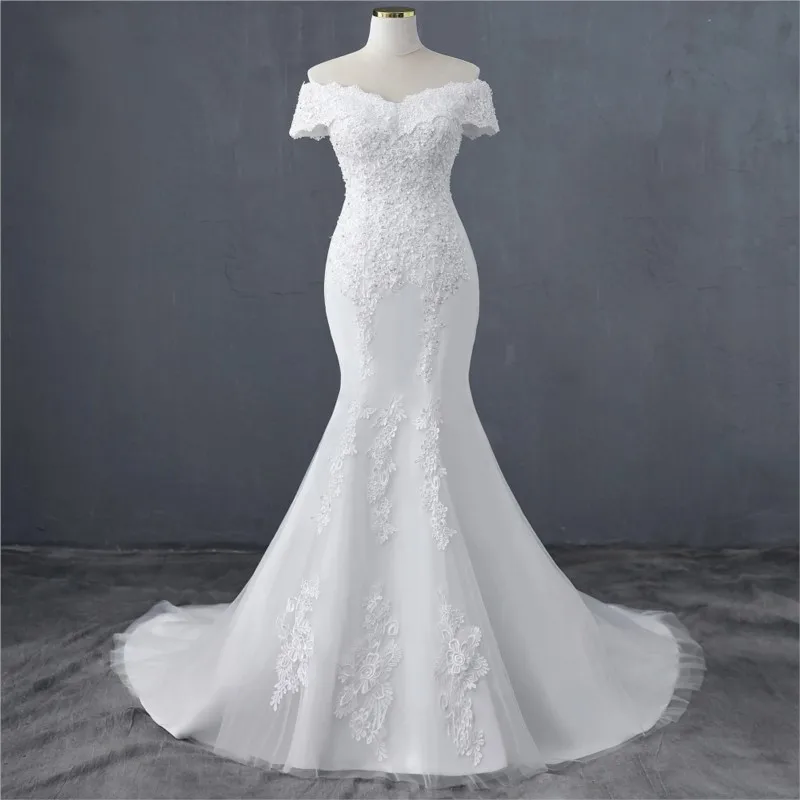 

off-Shoulder Wedding Dress Mori Girl New Simple Slim Lace Fishtail Trip Shoot Small Tail Soft Veil Slimming