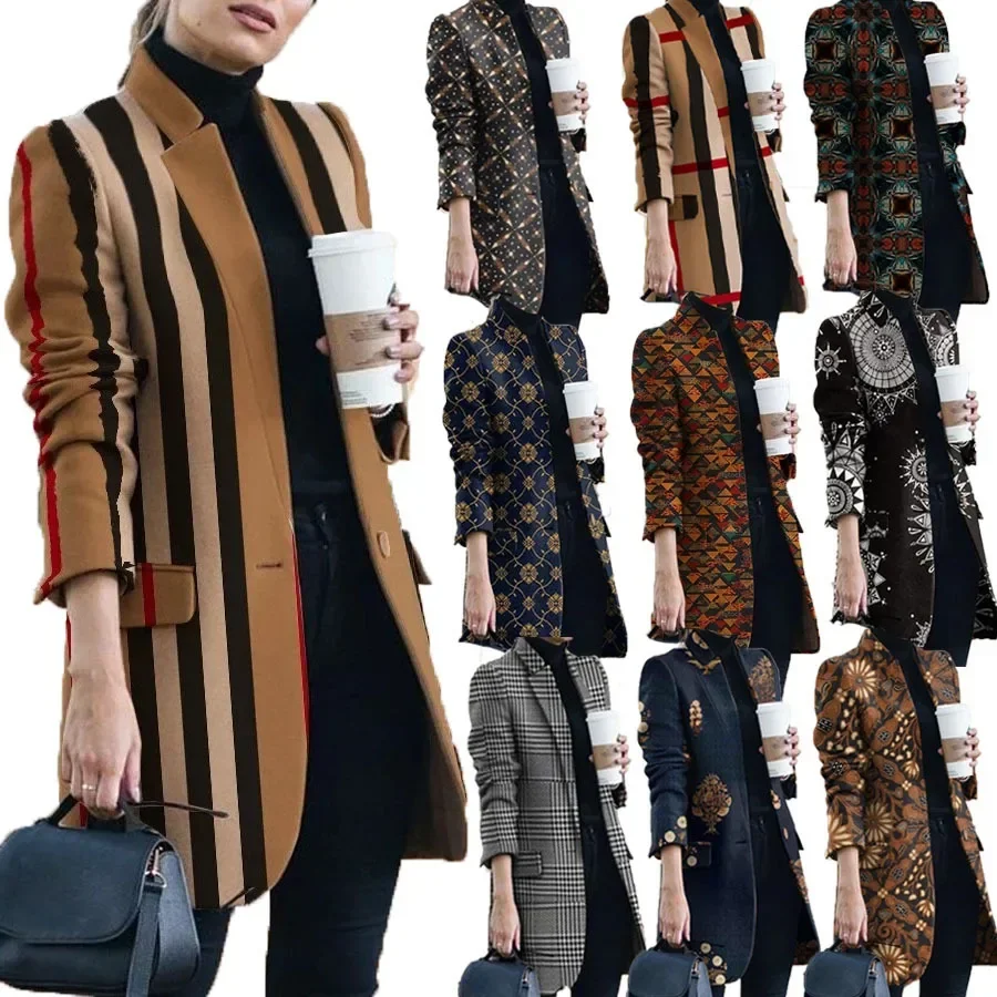 Winter Woolen Coat for Women Coats Jackets Autumn New European and American Fashion Printing Neck Woolen Stand Up Collar