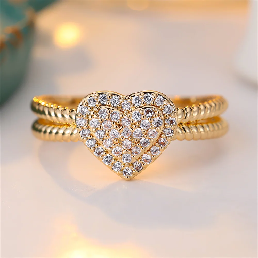 Fashion Love Heart White Zircon Rings For Women Vintage Gold Color Engagement Bands Wedding Jewelry Bridal Valentine's Day Gifts