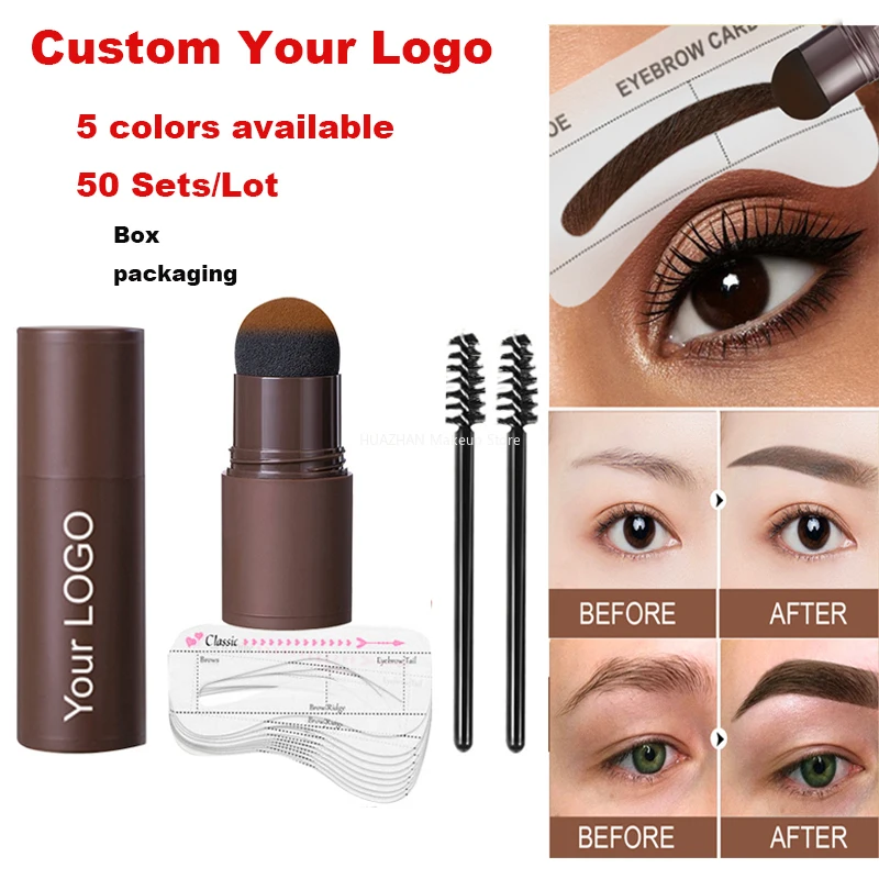 

50 Sets Custom Logo Eyebrow Stamp Stencil Shaping Kit Brush Eyebrow Tint Enhancer Stick Hair Line Contour Cosmetics Wholesale
