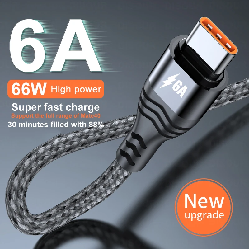 Type C 6A 66W Super Fast Charging Cable For Huawei Mate 40 Pro USB C Nylon Braided Data Line for Xiaomi Samsung OPPO 1/2/3M samsung phone charger cable
