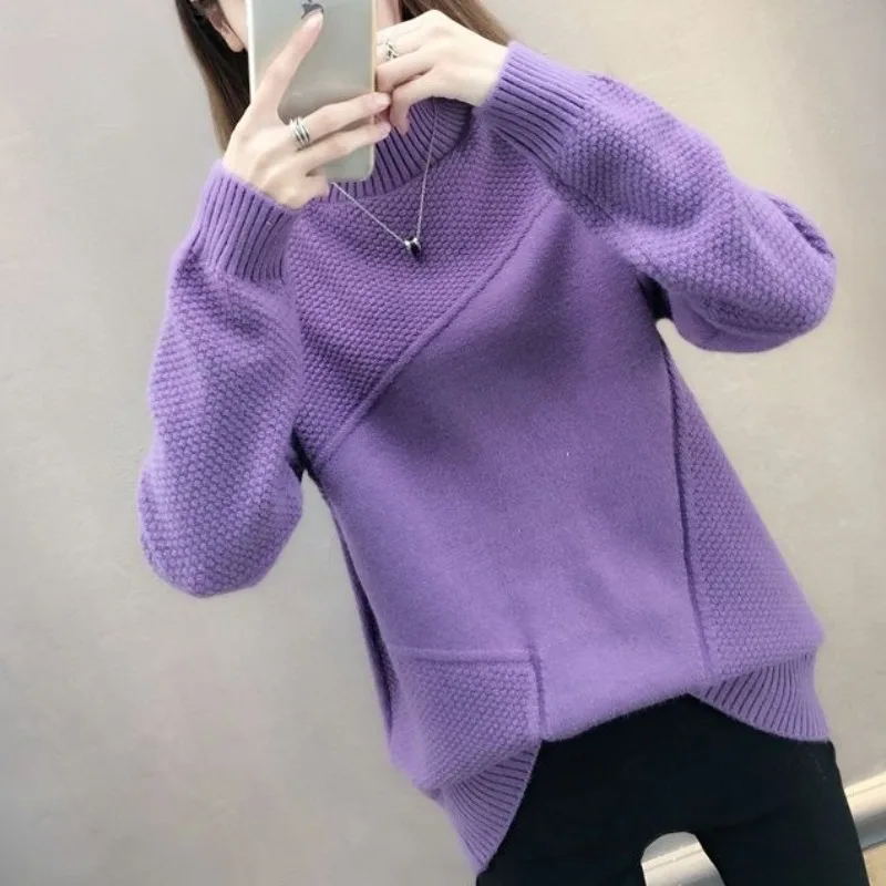 

Autumn Winter Turtleneck Women's Pullover Tie Flowers Solid Screw Thread Long Sleeve Midi Sweater Knitted Casual Elegant Tops