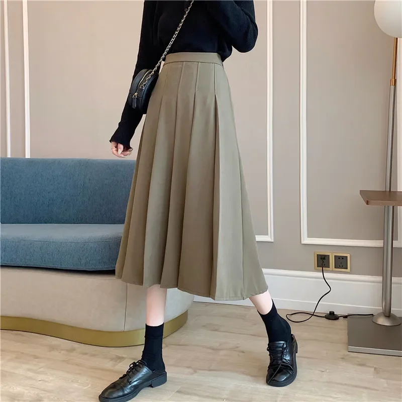 

Autumn Elegant Drape Korean A-line Pleated Long Skirts Elastic Waist Slim Casual Mid-calf Long Pleated Skirts
