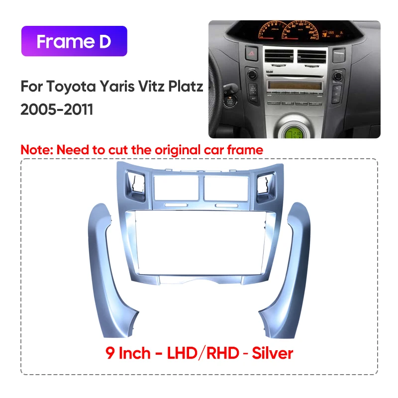 Kit Montaggio Autoradio 2DIN Per Toyota Yaris Vitz Platz 2005-2011 | Mascherina Argentata In ABS Per Stereo 9 Pollici