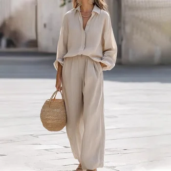Simple Cotton Linen Women's Suits Summer Fashion Long Sleeve Loose Blouse Wide Leg Pants Two Piece Set For Women Casual Outfits 1