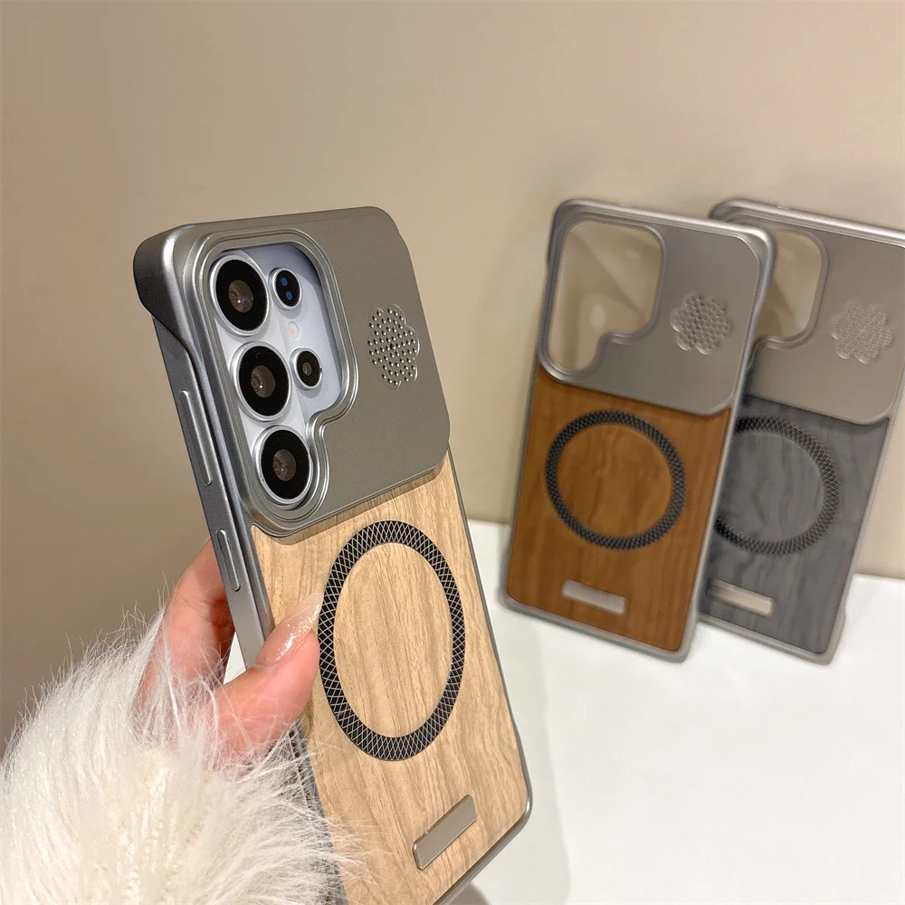Wood Grain Leather Frameless Magnetic Phone Case with Plating Cover