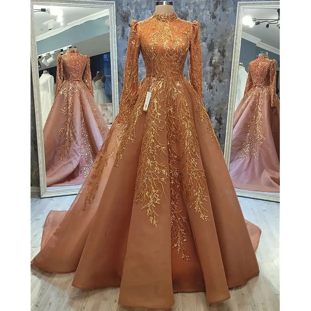 Arab Dubai Muslim Evening Dresses 2024 High Neck Lace Beades Robe De Soiree Luxury Full Lace Long Sleeves Formal Prom Party Gown robe de soiree mermaid evening dresses long 2020 evening party dresses prom gown abiye gece elbisesi formal dress