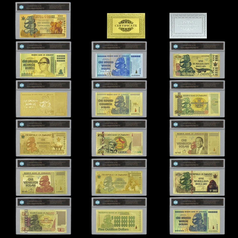 

16pcs/lot Kinds of Zimbabwe Gold Plated Banknotes with Plastic Card Holder Bussiness Souvenir Gifts Crafts for Collection