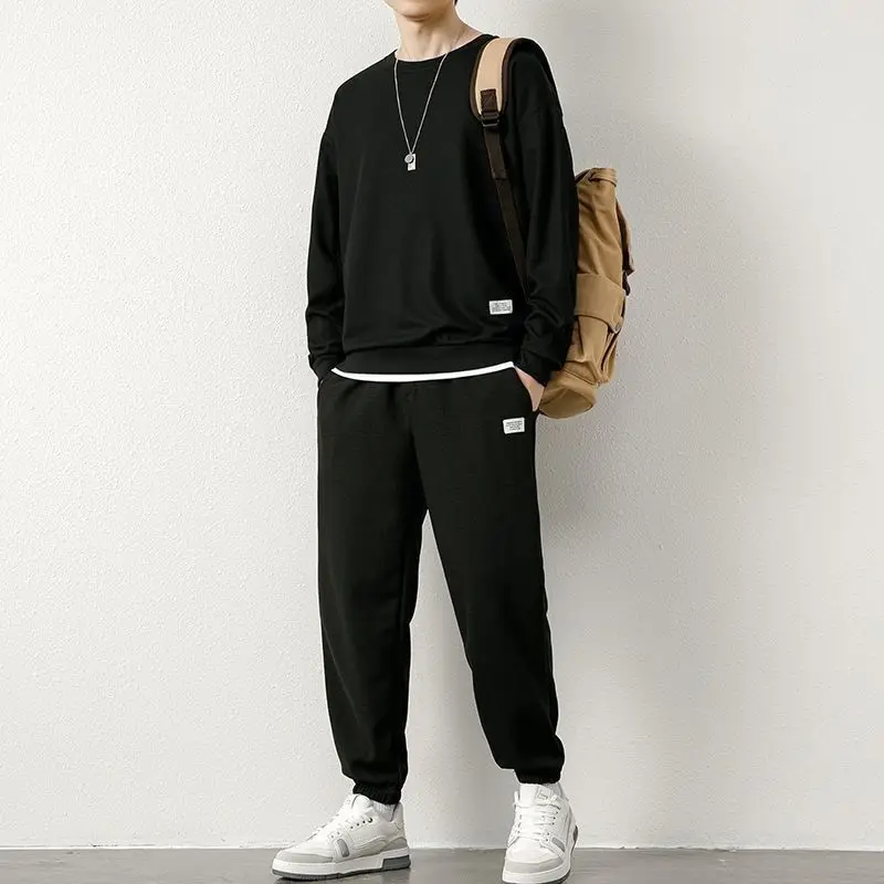 Autumn Winter Round Neck Waffle Loose Casual Sweatshirt Elastic Waist Sweatpants Suit Male Solid Color Pants Set Men's Clothing