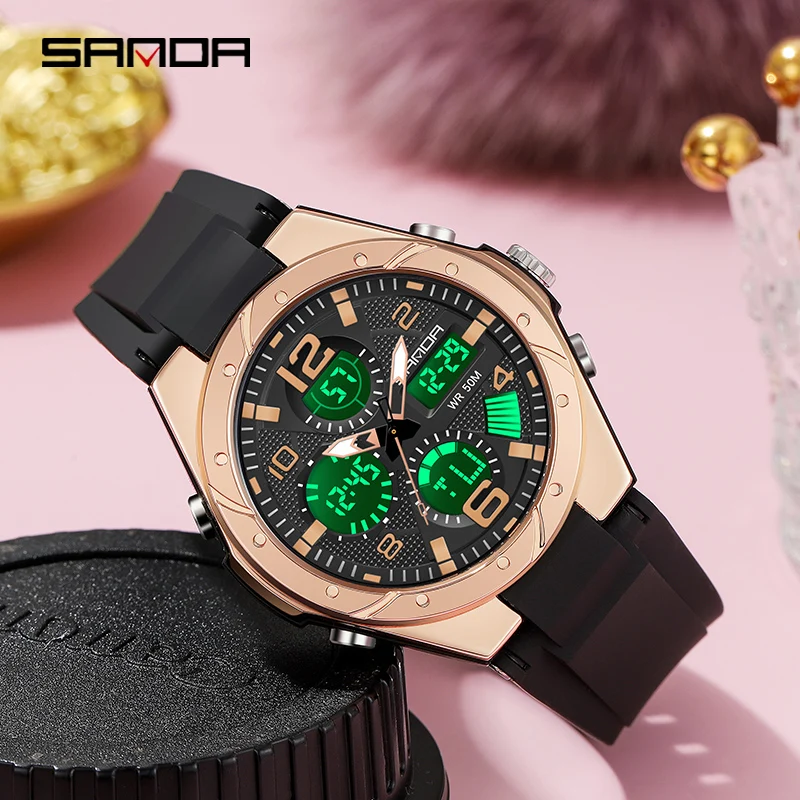 SANDA Top Brand New Lady Luxury Ms LED Digital Sport Watch Leisure Fashion Quartz Watch Women Girl Military 50M Waterproof Watch 2