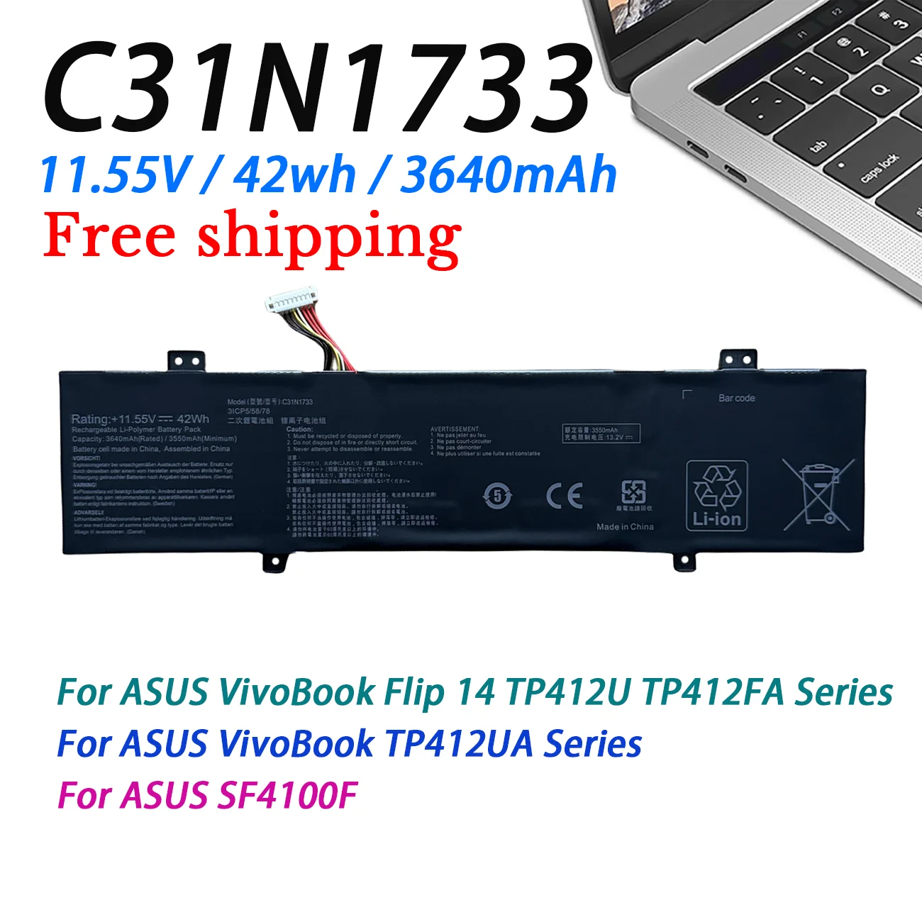 C31N1733 Laptop Battery For ASUS VivoBook Flip 14 TP412U TP412UA