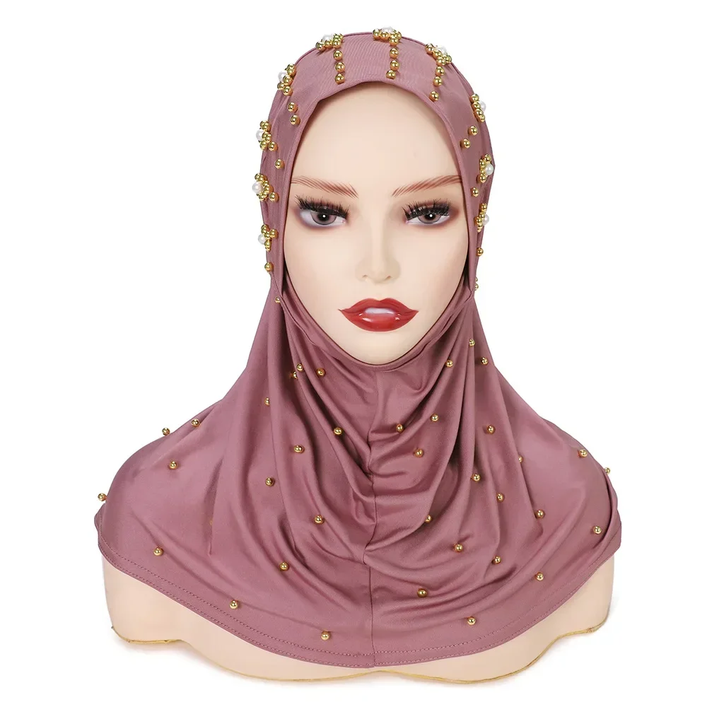 

2023 New Women's Pearl Solid Coat Chin Convenient Headband Malay Indonesian Base Hat Instant Hijab islamic clothing