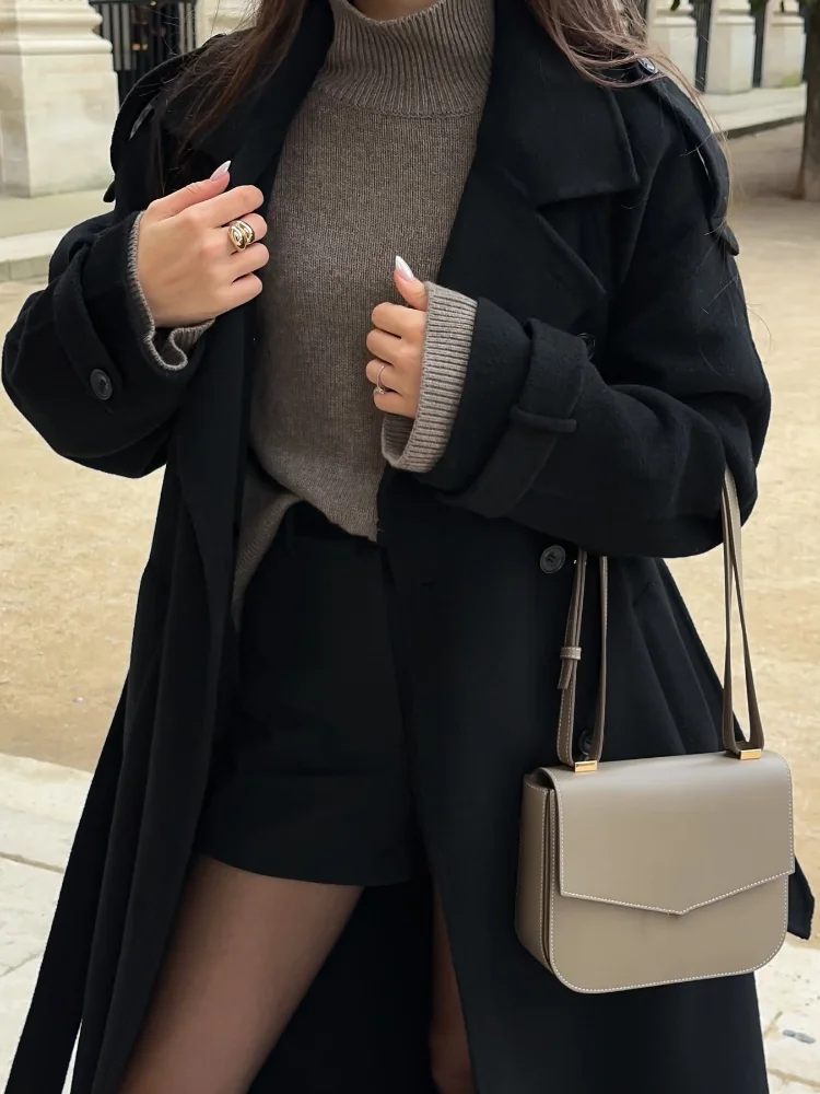 New Classic Black Belted Wool Blends Overcoat For Women Chic Full Sleeve Double Breasted Lapel Long Coat Ladies Loose Streetwear 6