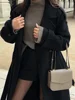 New Classic Black Belted Wool Blends Overcoat For Women Chic Full Sleeve Double Breasted Lapel Long Coat Ladies Loose Streetwear 6