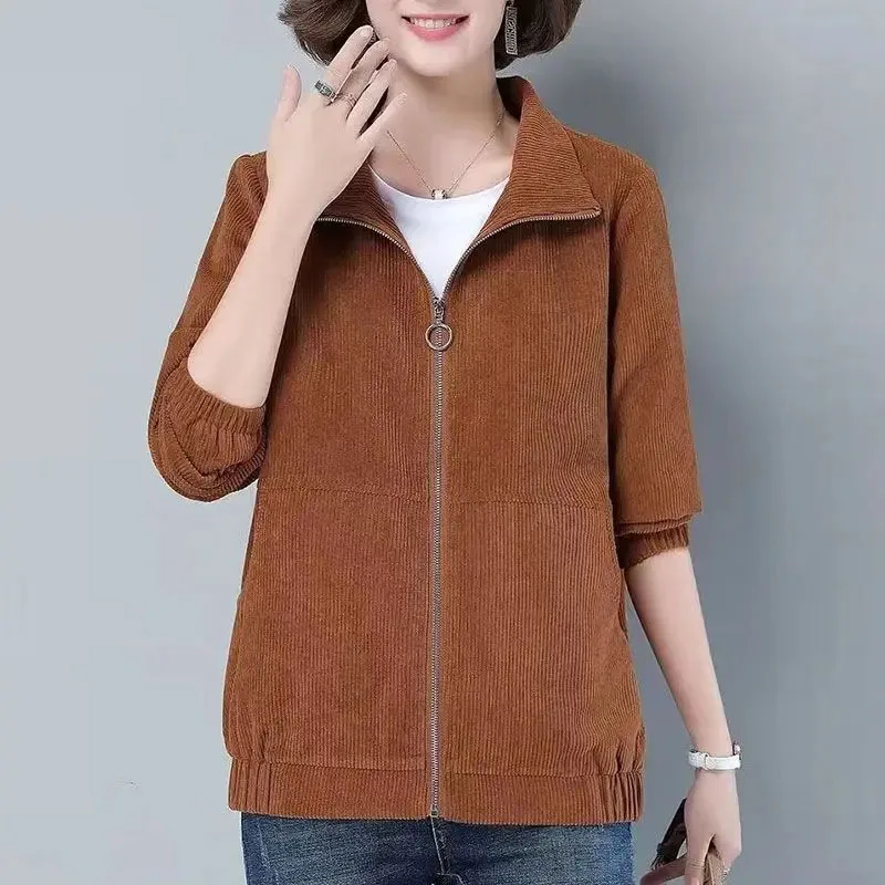 Spring Autumn Solid Corduroy Zipper Loose Coats Women Casual Fashion Pockets Simple Jackets Cardigan