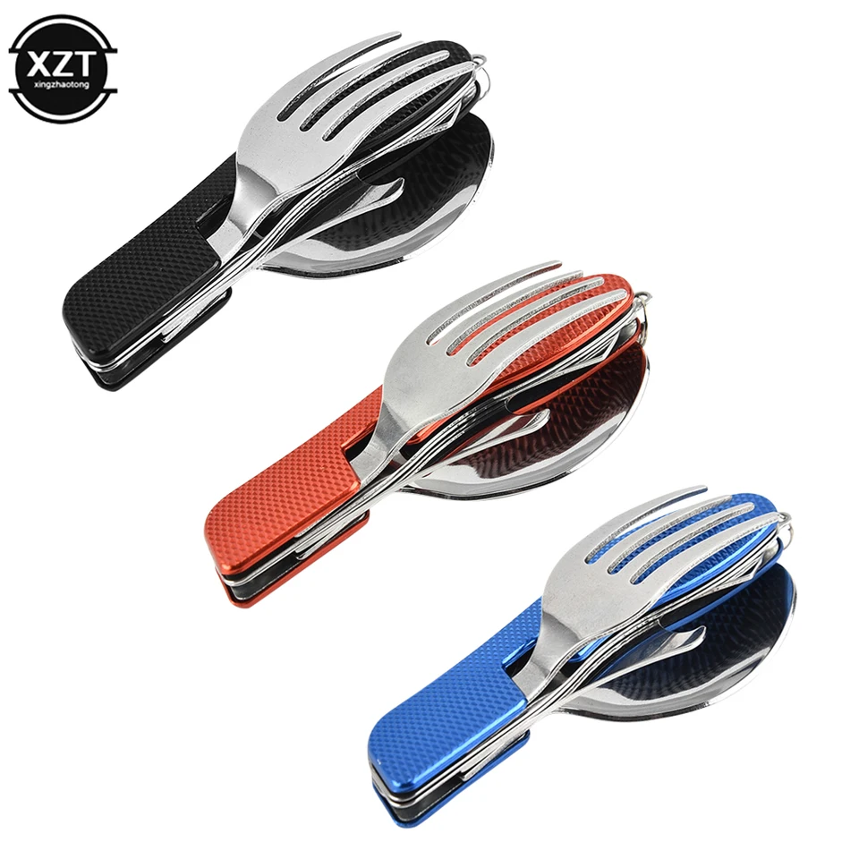 5 pezzi Set di Posate da Campeggio Viaggio, Posate Portatili in Acciaio Inossidabile Utensili con Coltello Forchetta Cucchiaio Apribottiglie Borsa per Feste Viaggi Picnic Ufficio Scuola