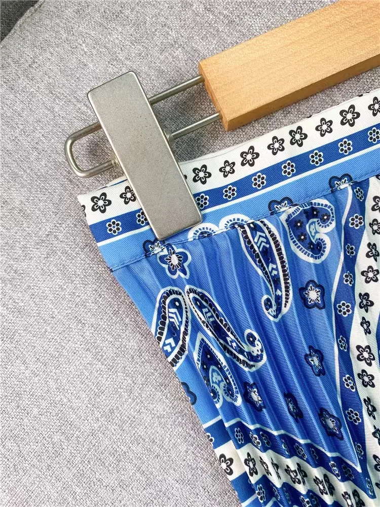 

High Quality S Pleated Women High Waist Midi Skirts Blue Printed Retro Spring Summer Female Jupe Free Shipping