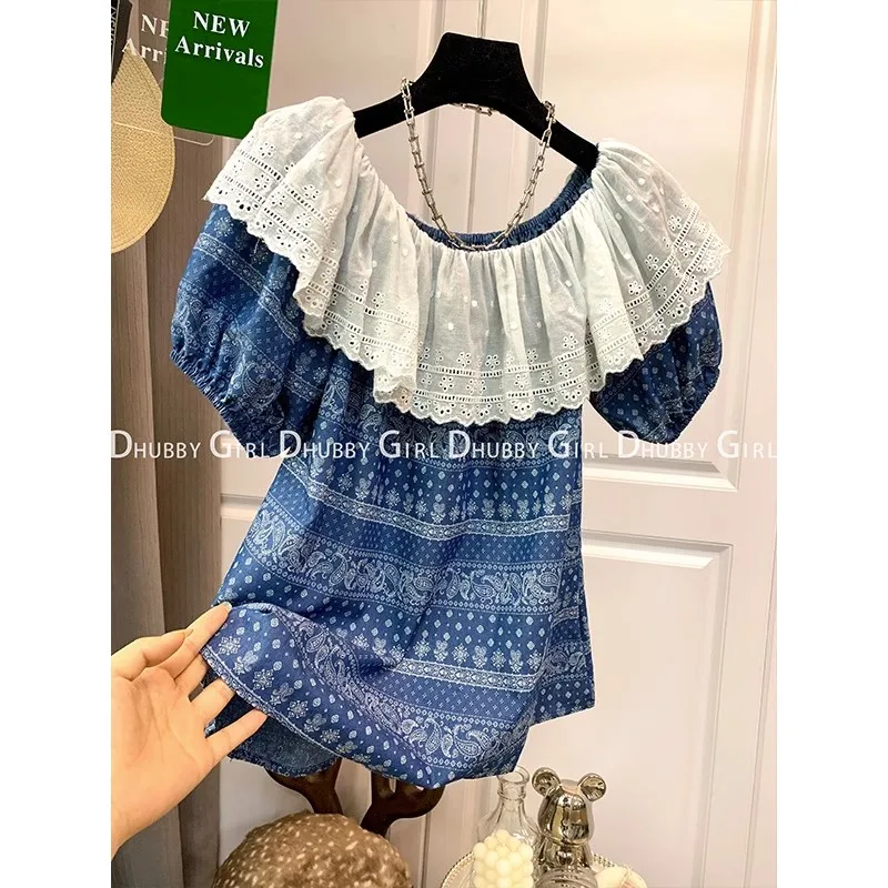 

Summer Lace Blouse Women New Short Sleeve Ruffle Stitching Shirt Off Shoulder Loose Tops