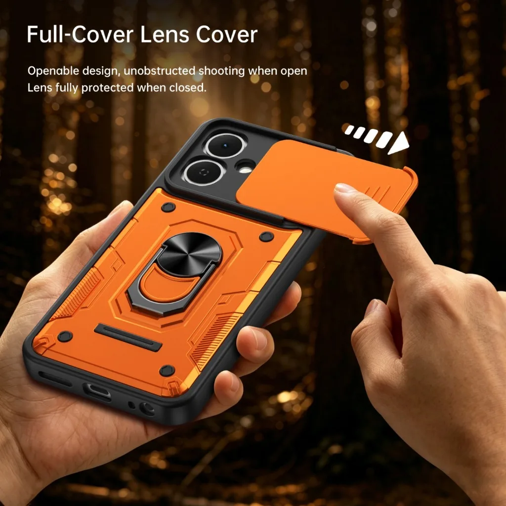 Shockproof Armor Phone Case with Slide Camera Protection and 360° Ring Holder Cover