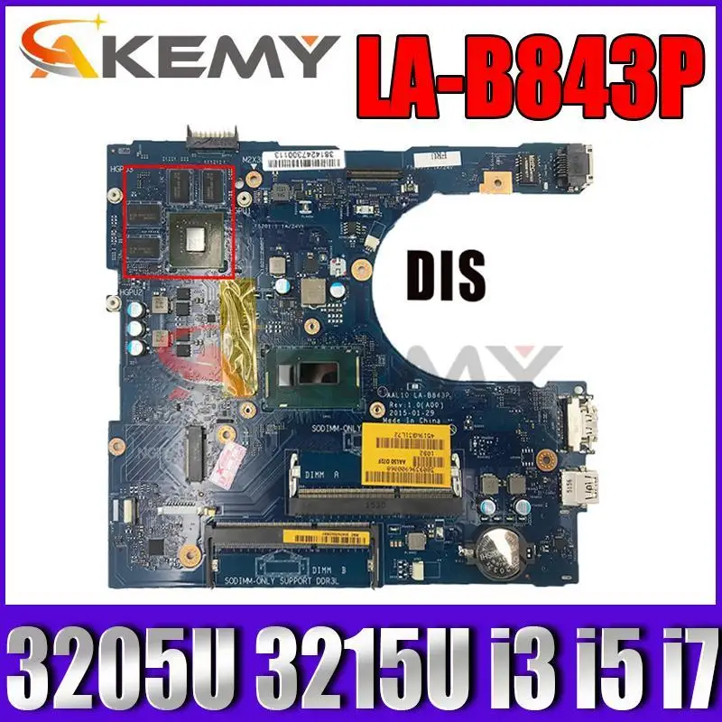 

For DELL Inspiron 5558 Laptop Motherboard CN- 0W45H6 0PPD60 LA-B843P HDMI Notebook Mainboard 3205U 3215U i3 i5 i7 5th Gen CPU