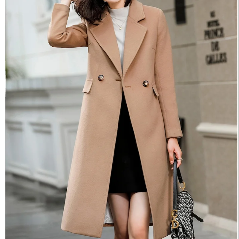 Plus-size Women's Trench Casual Extra long Loose Windbreaker Laydies Woolen Single Button Lapel Top Coat For Spring Autumn S-3XL