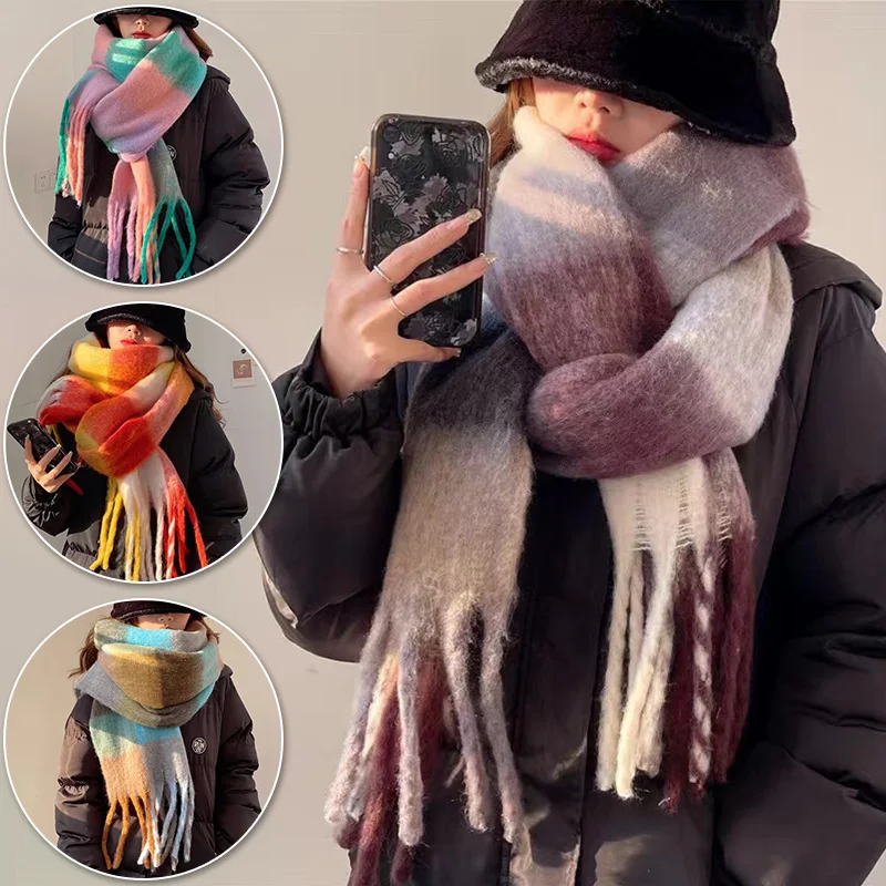 

1PC Winter Cashmere Plaid Tassels Scarf Mohair Color Matching Thicken Warm Scarf Rainbow Tassel Shawl Bib Neck Wrap Accessories