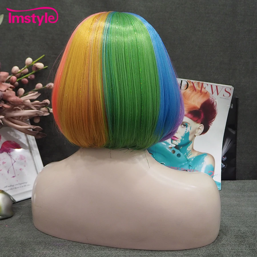 Imstyle Short Bob Wig Colorful Synthetic Lace Front Wig Tinsel Mixed Purple For Women Cosplay Party Heat Resistant Fiber