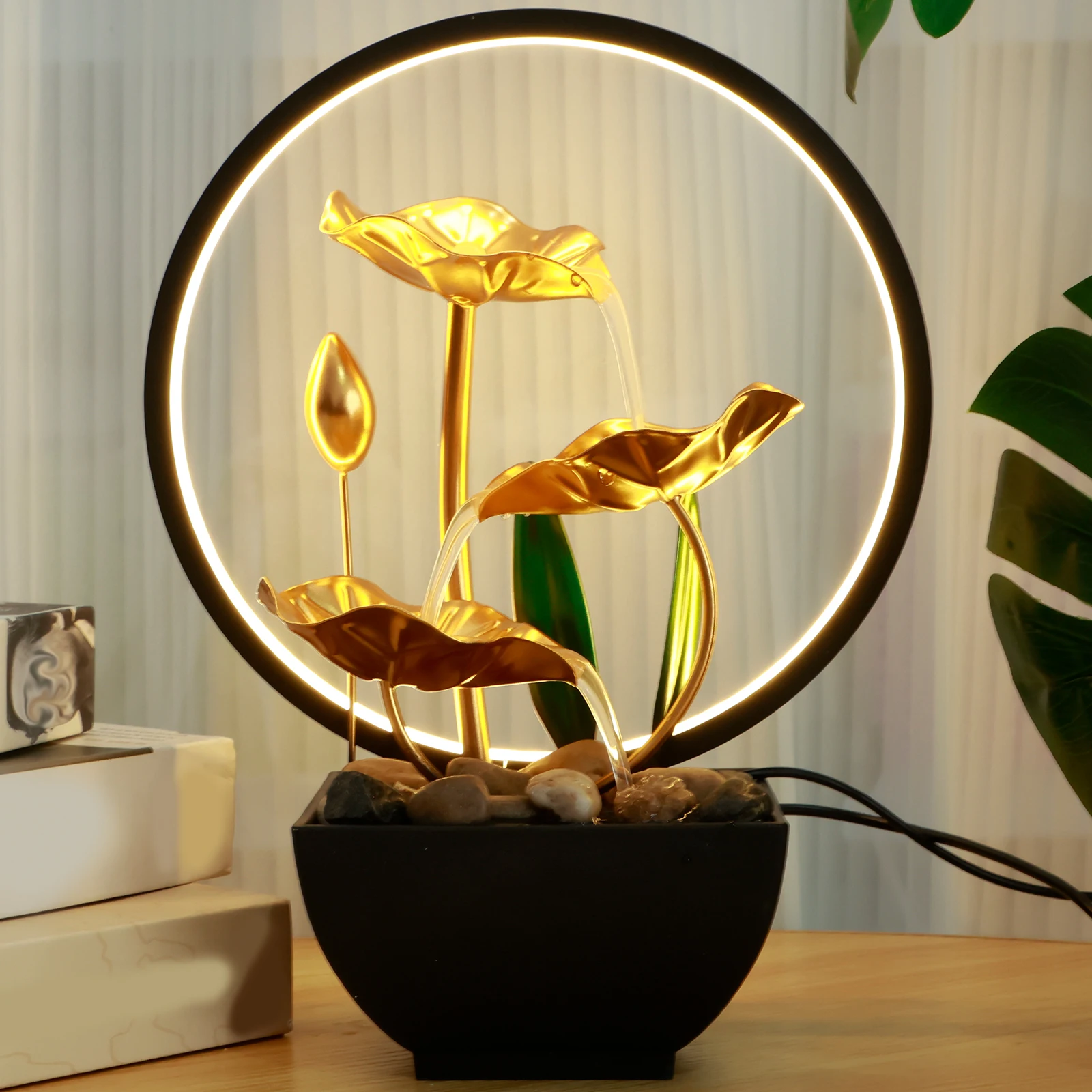 屋内噴水 クリエイティブフローファウンテン屋内循環滝装飾、LEDライト