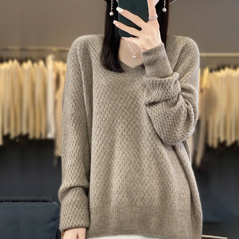 autumn-winter-women's-new-100-wool-cold-resistant-sweater-v-neck-solid-color-hollow-out-pullover-soft-glutinous-blouse