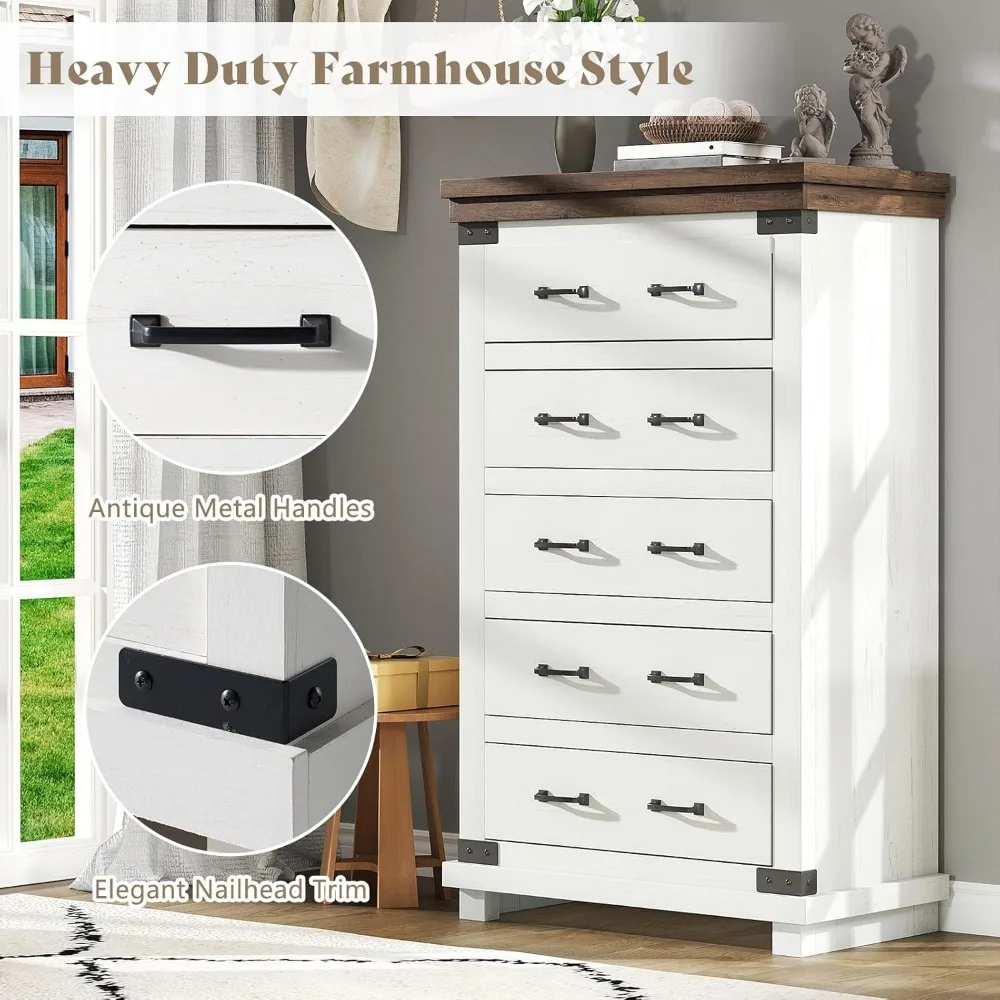Farmhouse 5 Drawers Dresser Chests for Bedroom, 48" Tall Wood Rustic Chest of Drawers/w Thick Plank Styling, Closet, Wardrobes 4