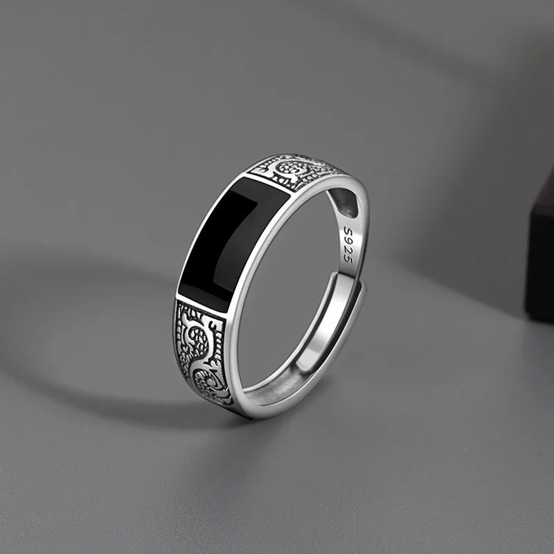 

Vintage Trendy 925 Sterling Silver Ring For Men Jewelry Black Rectangle Retro Dragon Pattern Ring Male Infex Finger Accessories