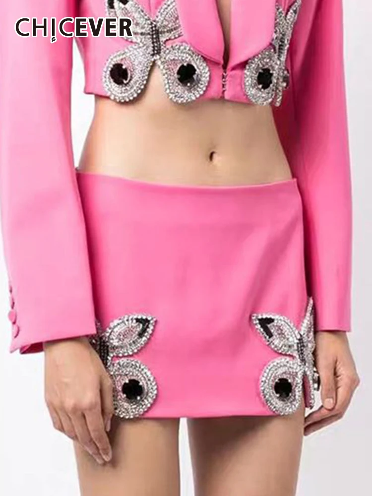 

CHICEVER Patchwork Diamonds Bodycon Skirts For Women High Waist Spliced Zipper Summer Colorblock A Line Mini Skirt Female New