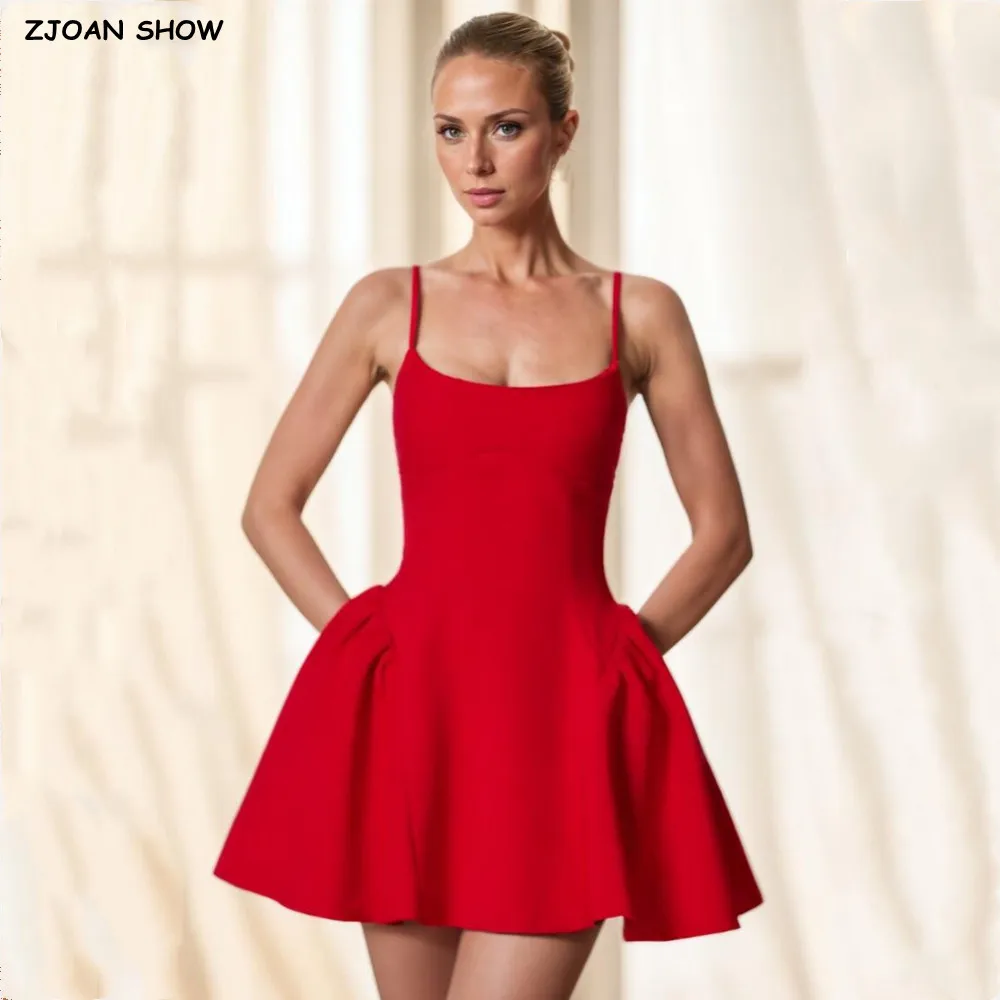 New Summer Solid Red Sling Dress Women Sexy Low Waist Swing Ruched Ball Gown Dresses Party Femme Vestidos Robe