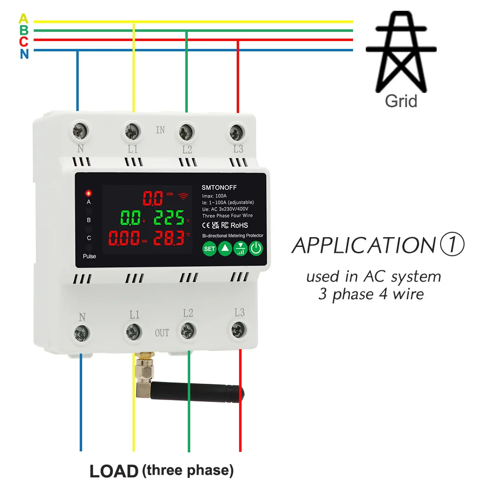 Tuya WiFi Three Phase 4P 100A Auto-Reclosing Over Under Voltage Protector Prepai
