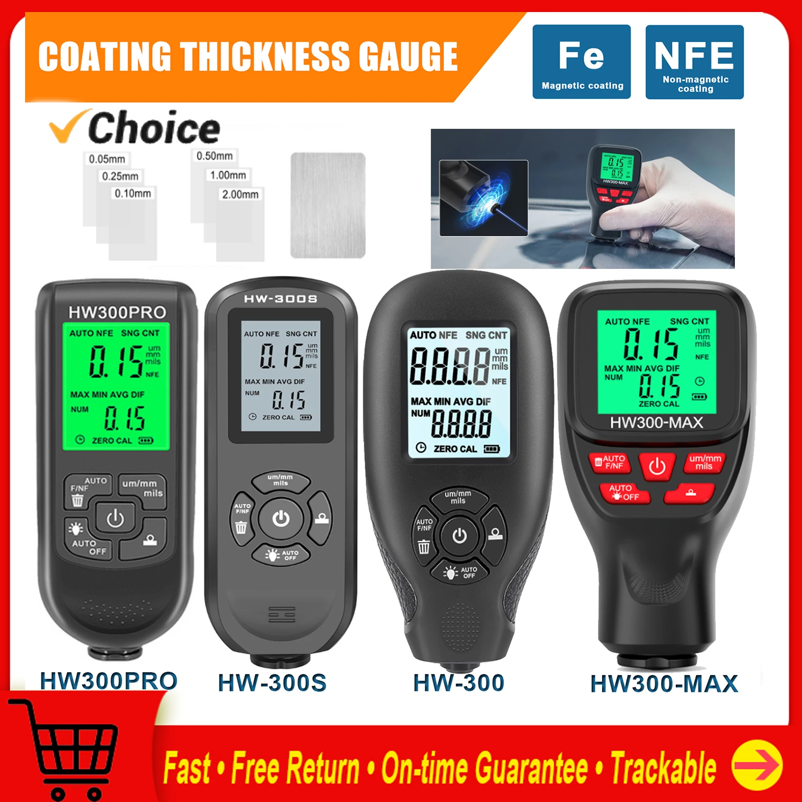 0-2000UM Thickness Gauge Digital Automobile Film Thickness Meter Car Paint Coating Tester 3 Probe 3Units Switching